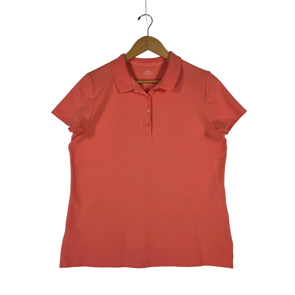 St Johns Bay Womens Coral Pink Short Sleeve Polo Shirt Large Cotton Stretch